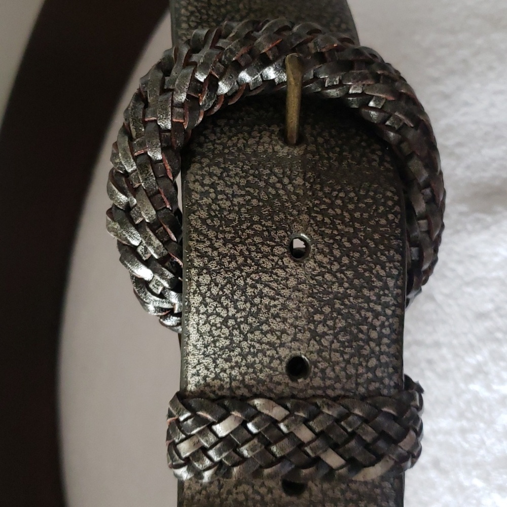 Chico's | Women's Leather Metallic Stamp Woven Closure Belt Sz M